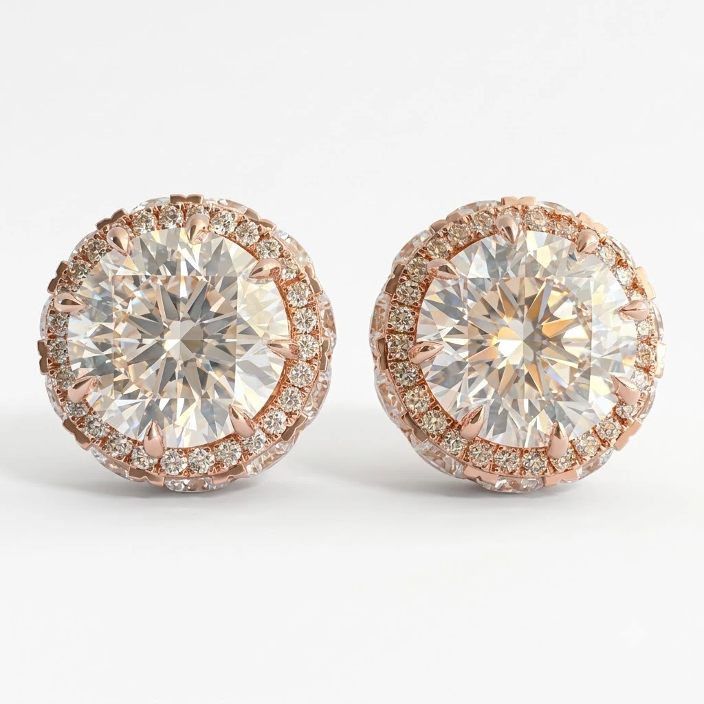 Round Lab Grown Diamond Double Halo Stud Earrings | Rose Gold | IGI Certified