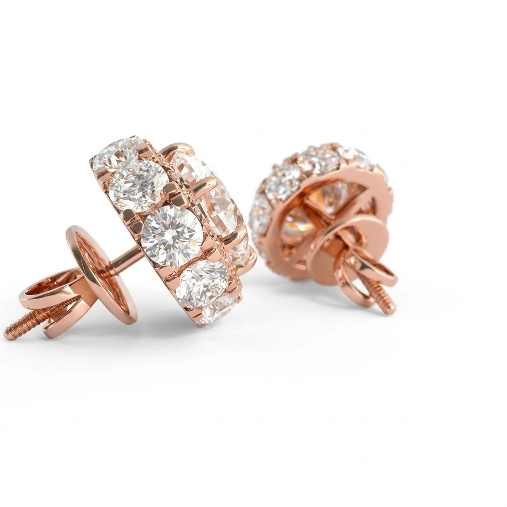 Round Lab Grown Diamond Double Halo Stud Earrings | Rose Gold | IGI Certified view 3