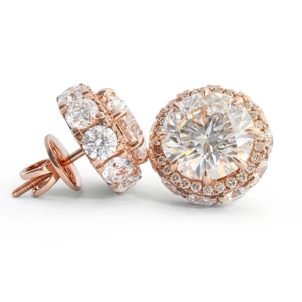 Round Lab Grown Diamond Double Halo Stud Earrings | Rose Gold | IGI Certified view 4