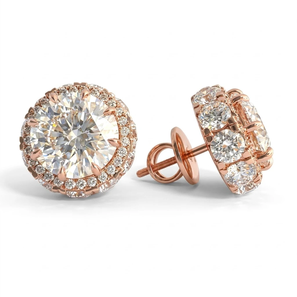 Round Lab Grown Diamond Double Halo Stud Earrings | Rose Gold | IGI Certified view 5
