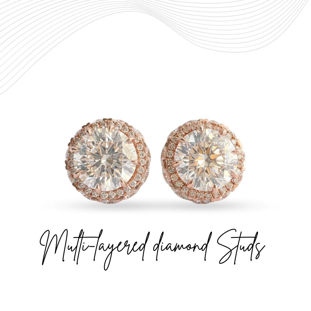 Round Lab Grown Diamond Double Halo Stud Earrings | Rose Gold | IGI Certified