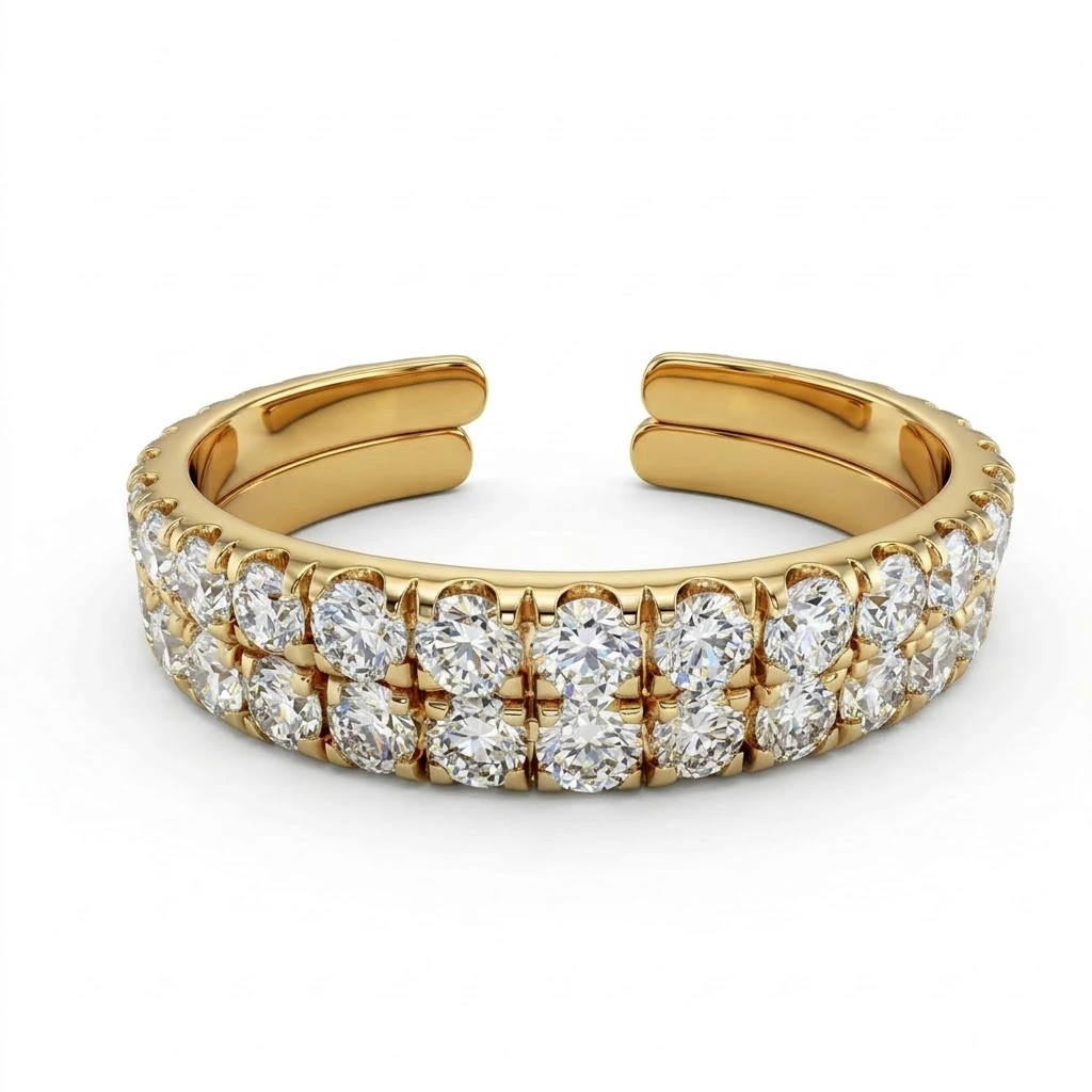 Round Lab Grown Diamond Double Row Open Cuff Ring | Yellow Gold | IGI Certified