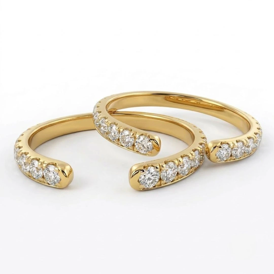 Round Lab Grown Diamond Double Row Open Cuff Ring | Yellow Gold | IGI Certified view 3