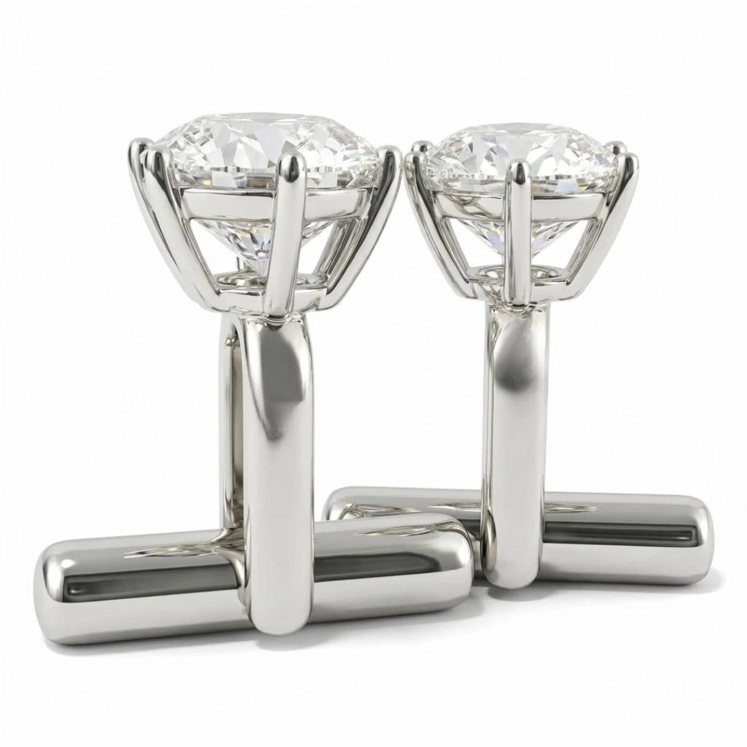 Round Lab Grown Diamond Solitaire Men's Cufflinks | White Gold | IGI Certified view 3