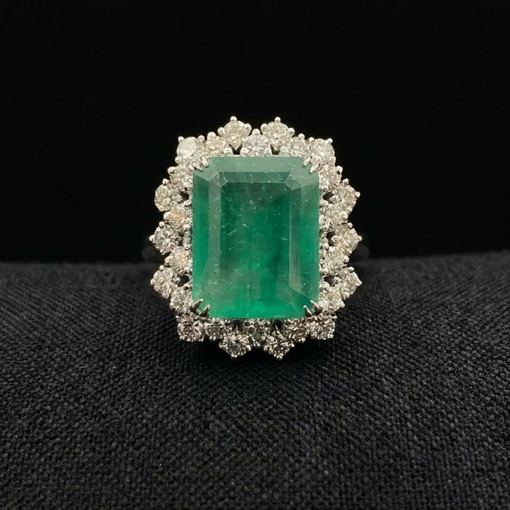 Natural Emerald Halo Ring in PT950 Platinum with Round Diamonds