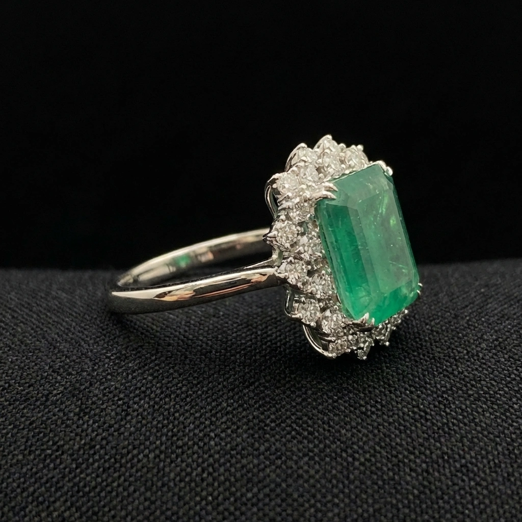 Natural Emerald Halo Ring in PT950 Platinum with Round Diamonds view 3