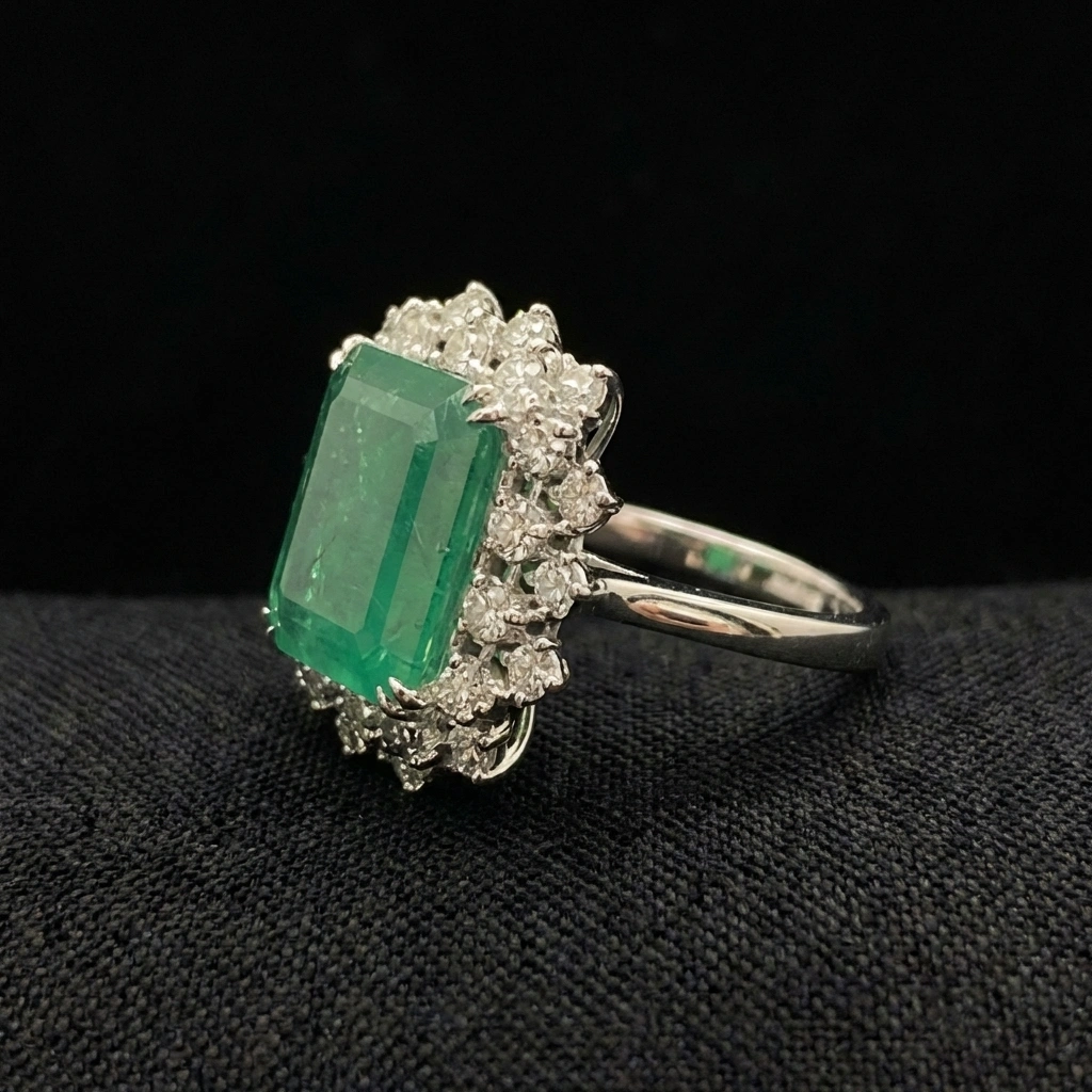 Natural Emerald Halo Ring in PT950 Platinum with Round Diamonds view 4