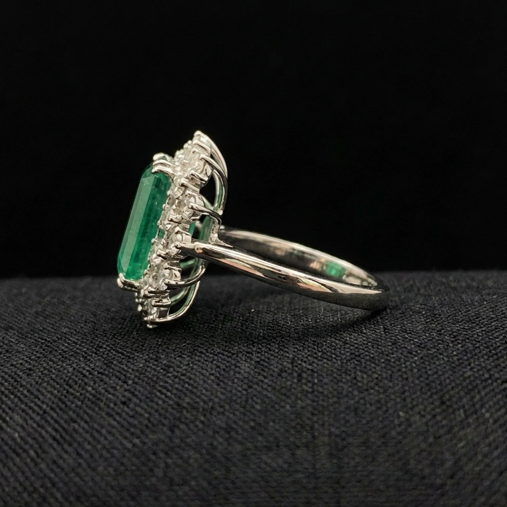 Natural Emerald Halo Ring in PT950 Platinum with Round Diamonds view 5