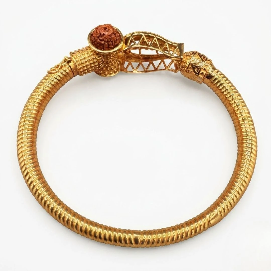 Rudraksha & Trishul Damru Kada Bangle Bracelet | Yellow Gold view 3