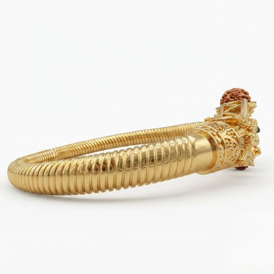 Rudraksha & Trishul Damru Kada Bangle Bracelet | Yellow Gold view 4