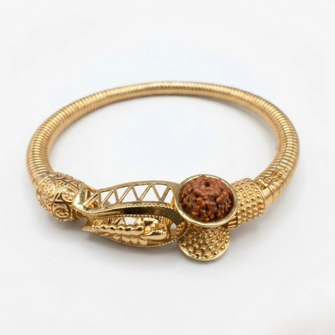 Rudraksha & Trishul Damru Kada Bangle Bracelet | Yellow Gold view 5