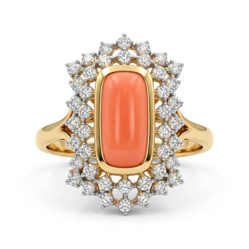 Vintage Coral Cut Natural Diamond Ring | 14K Gold | Round Diamond Halo view 3