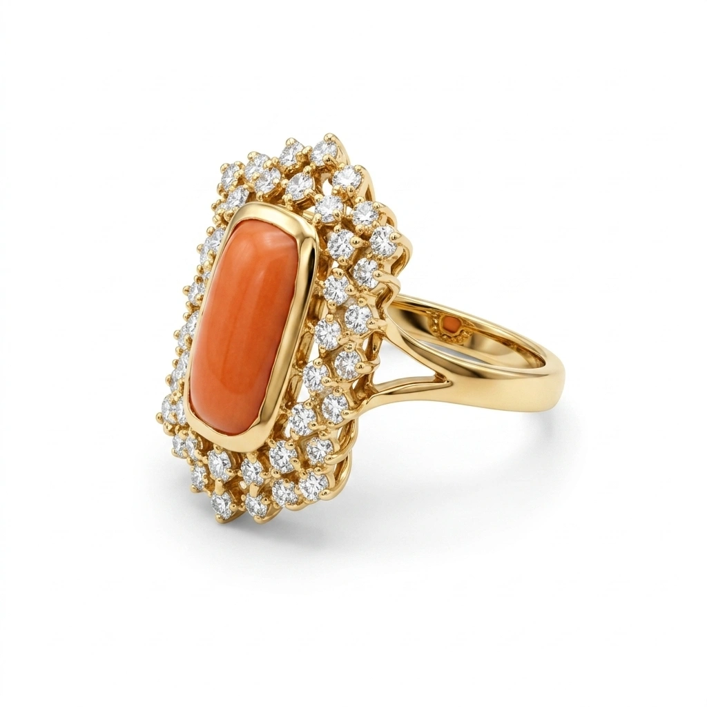 Vintage Coral Cut Natural Diamond Ring | 14K Gold | Round Diamond Halo view 4