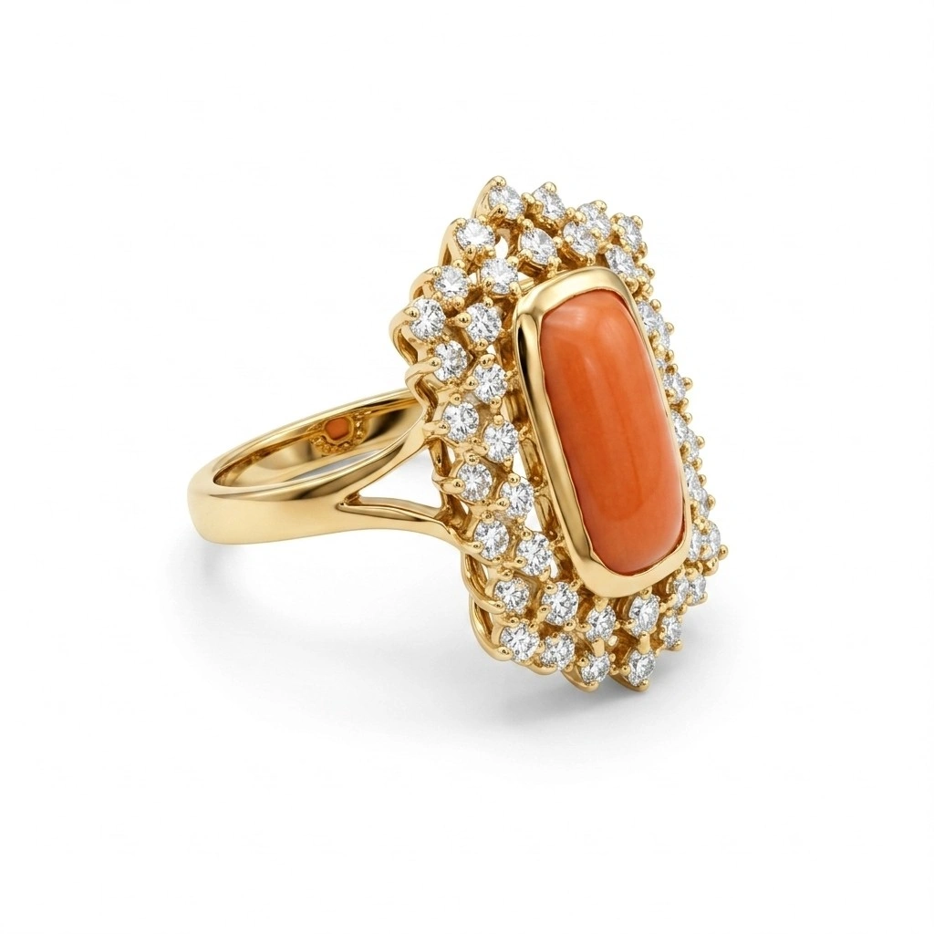 Vintage Coral Cut Natural Diamond Ring | 14K Gold | Round Diamond Halo view 5