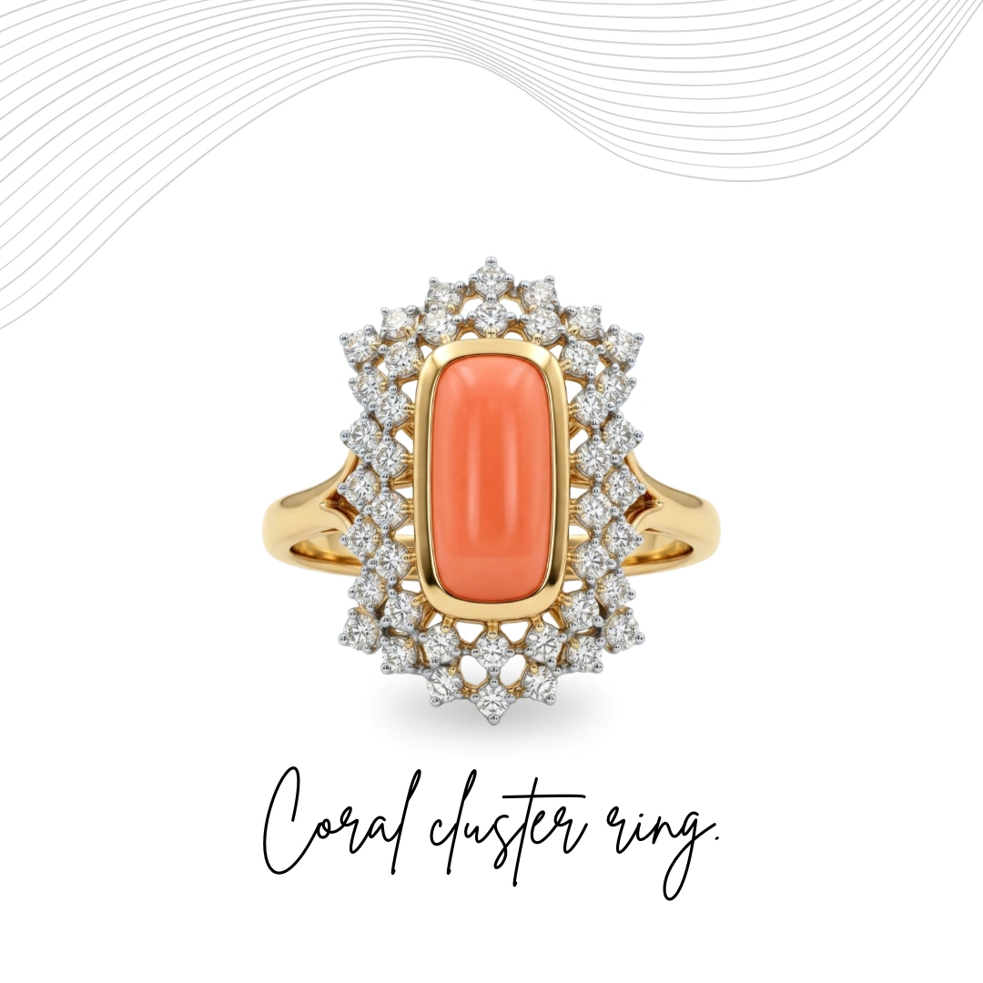 Vintage Coral Cut Natural Diamond Ring | 14K Gold | Round Diamond Halo