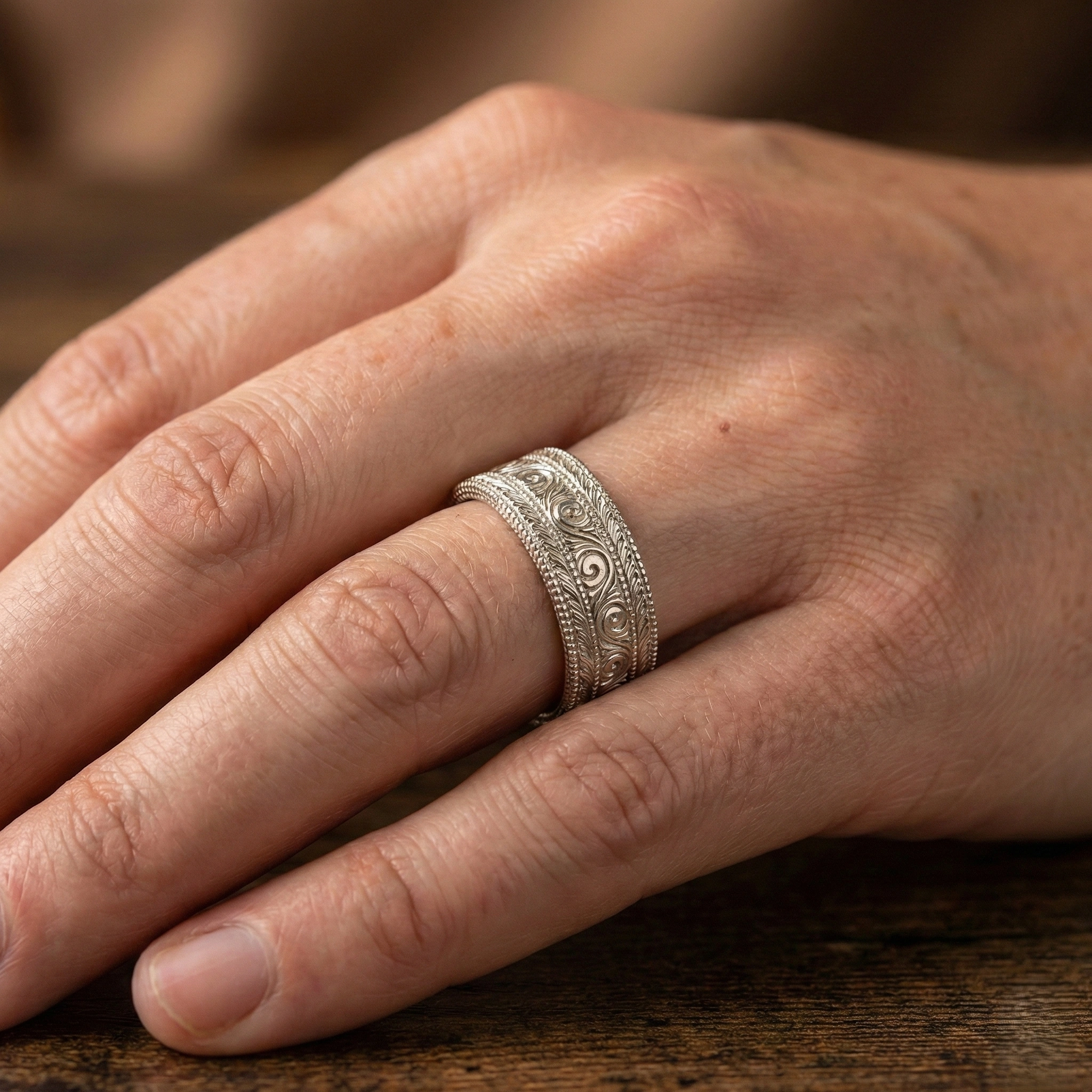 Vintage Hand-Engraved Platinum Wedding Band view 7