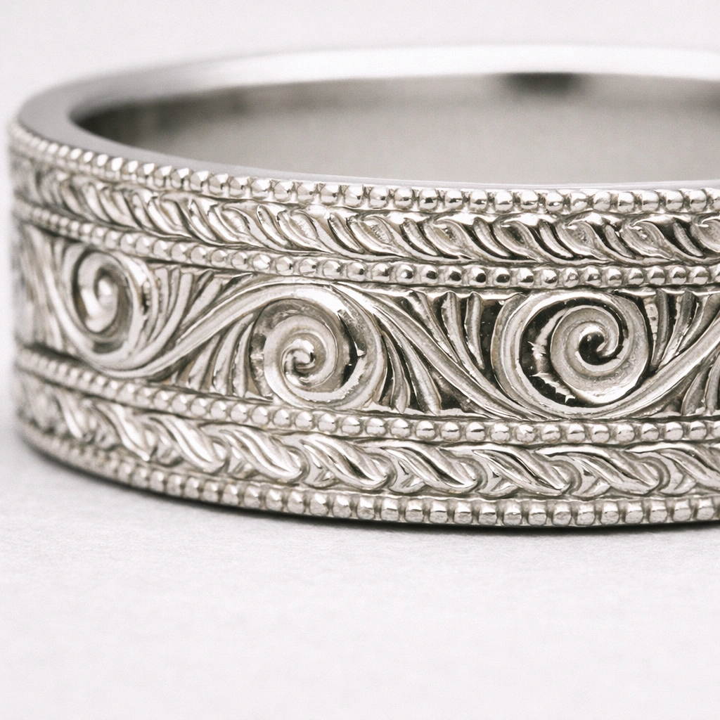 Vintage Hand-Engraved Platinum Wedding Band view 3