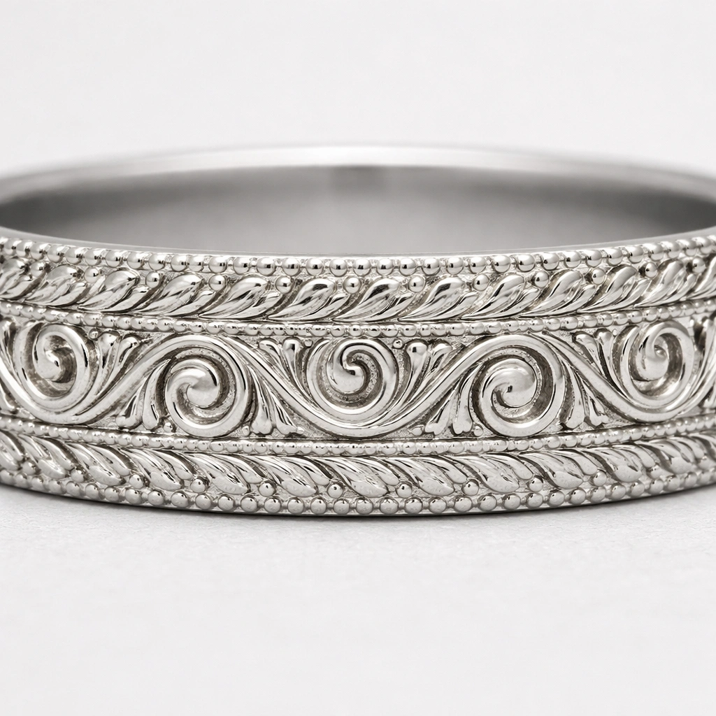 Vintage Hand-Engraved Platinum Wedding Band view 4