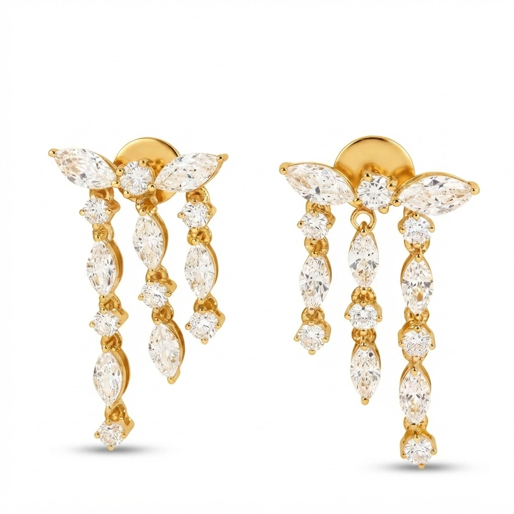 Yellow Gold Earrings with Marquise & Round Diamonds  view 3
