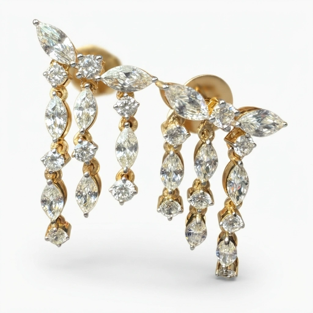 Yellow Gold Earrings with Marquise & Round Diamonds  view 4